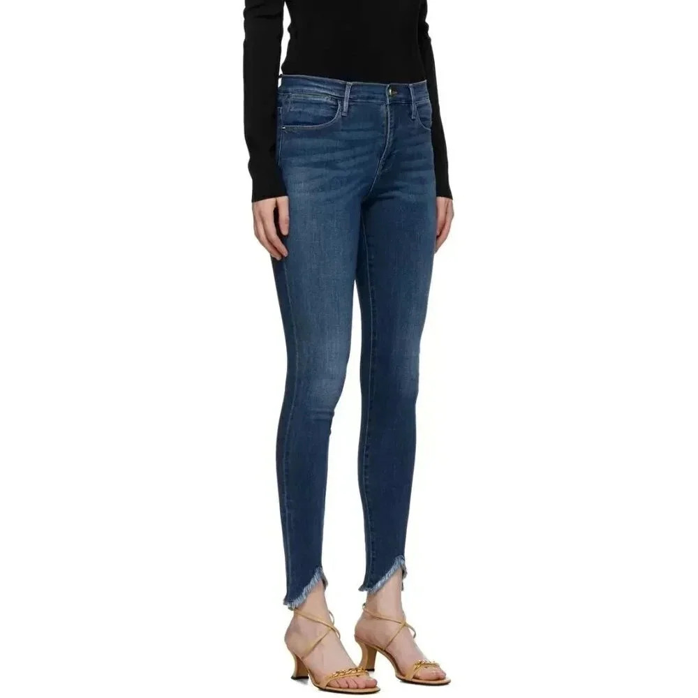 Frame Le High Skinny Medium Wash Chew  Hem Jeans